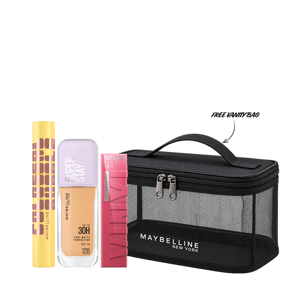 Maybelline New York Black Friday bundle with Lumi Matte Foundation, Vinyl Ink, and Colossal Bubble mascara on white background