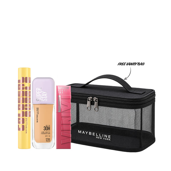 Maybelline New York Black Friday bundle with Lumi Matte Foundation, Vinyl Ink, and Colossal Bubble mascara on white background