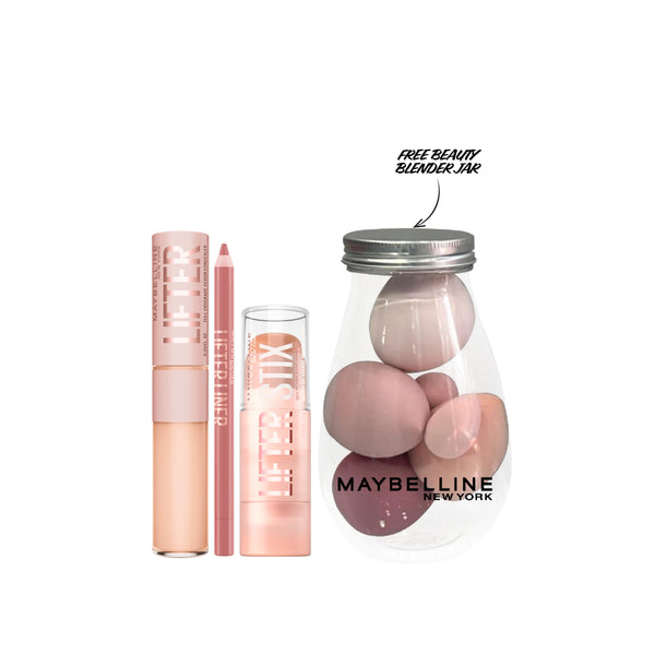 Maybelline New York Lifter Stix, Lifter Liner, and Lifter Concealer set displayed on white background.