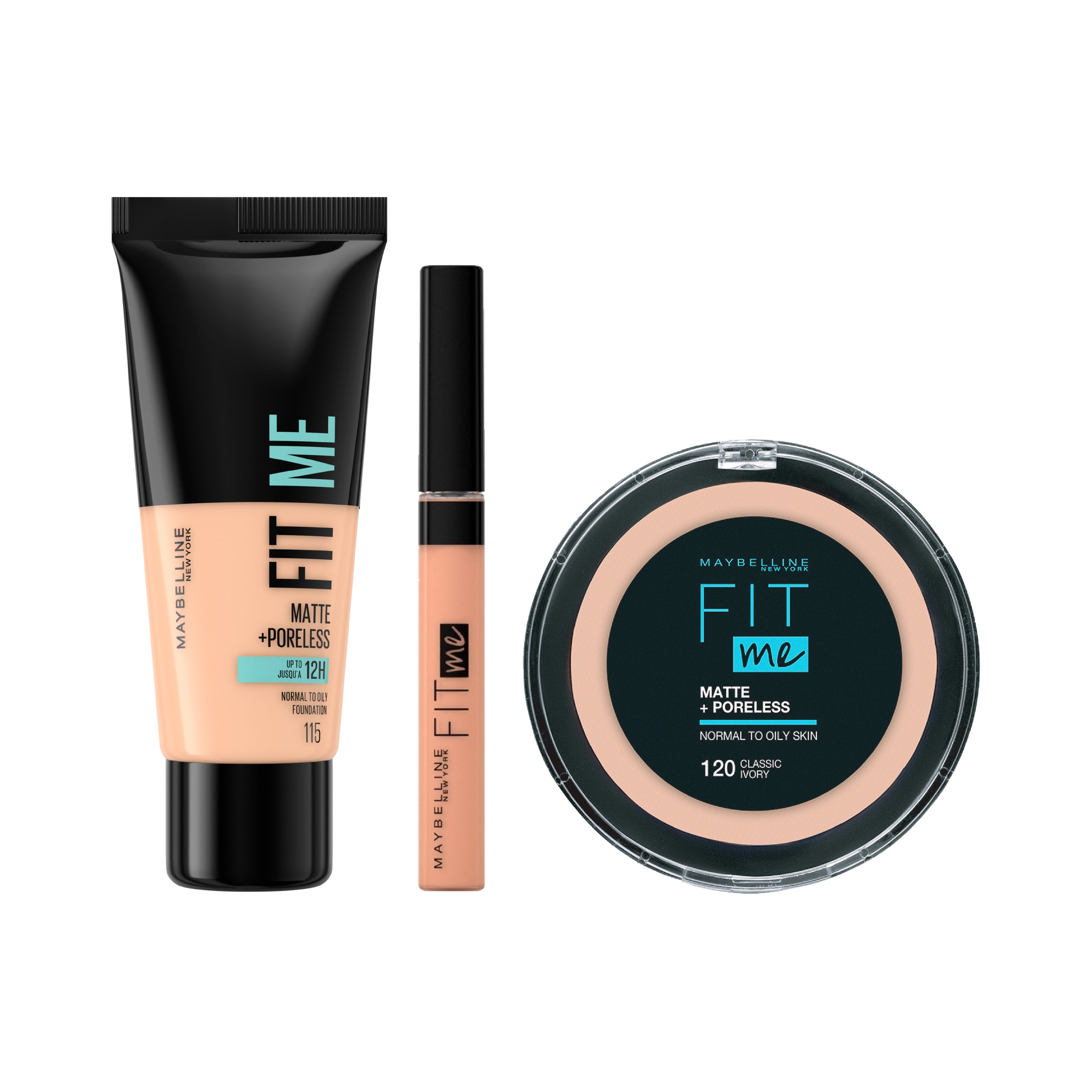 Fit Me Matte Poreless Liquid Foundation Ideal For Normal To Oily Skin + Flawless Fit Me Concealer Oil and Fragrance-Free- Natural Coverage + Fit Me- Perfect Matte Finish & Poreless Powder that lasts up to 16 hours