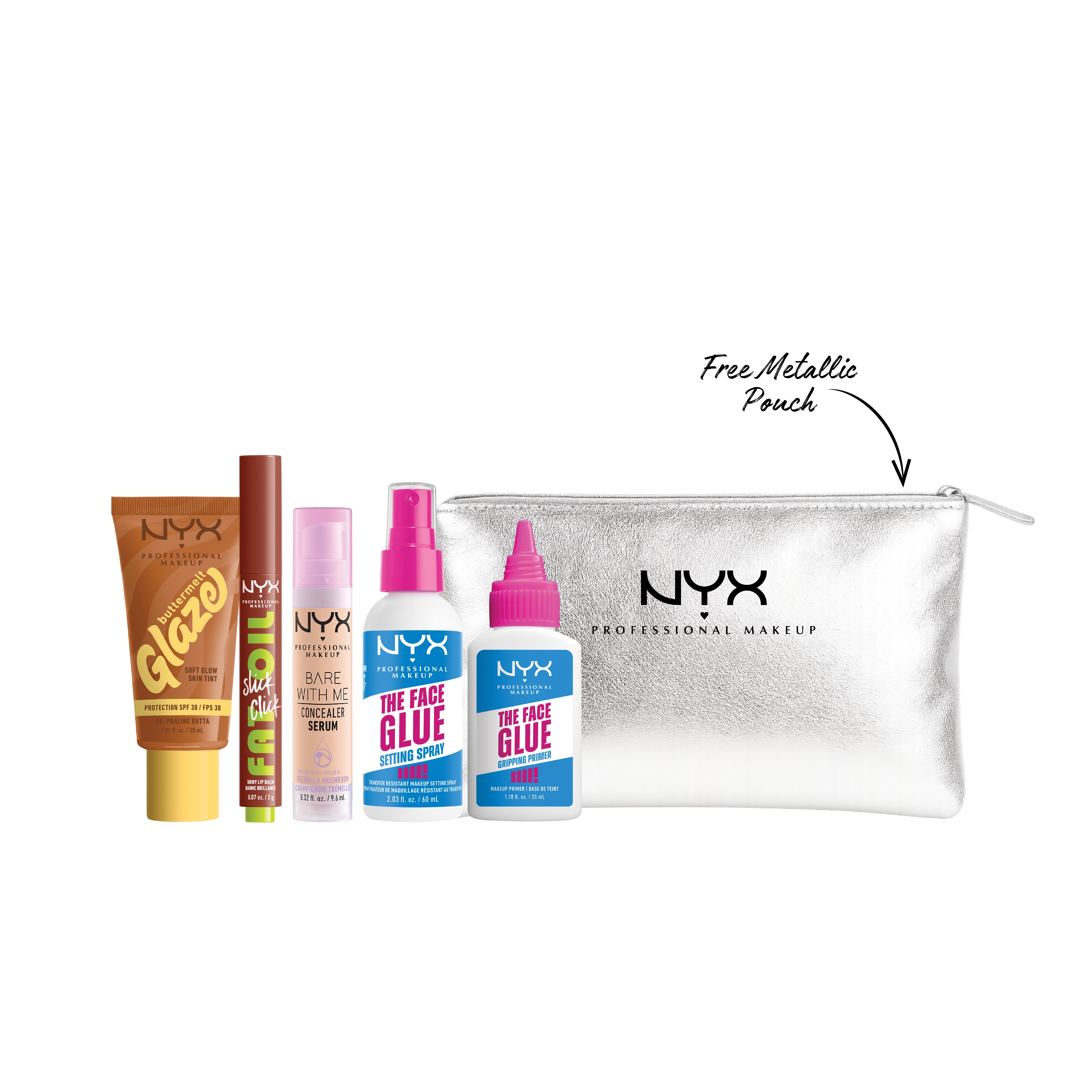 NYX Professional Makeup - Buttermelt Glaze Soft Glow Skin Tint SPF30 + Fat Oil Slick Click Shiny Lip Balm + Bare With Me Concealer Serum +The Face Glue Primer + The Face Glue Setting Spray + Gift | MazenOnline