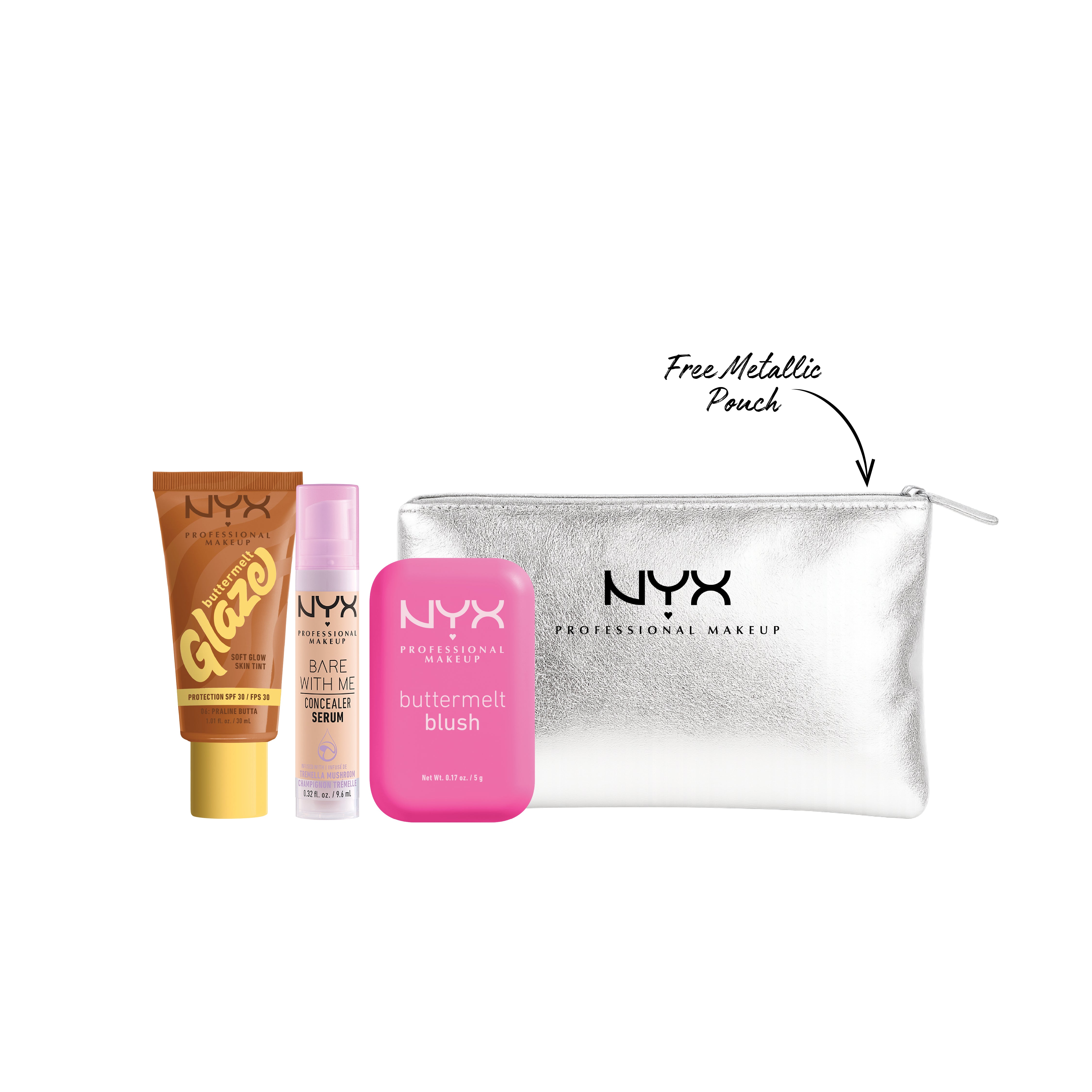 NYX Professional Makeup - Buttermelt Glaze Soft Glow Skin Tint SPF30 + Buttermelt Blush, Powder Blush + Bare With Me Concealer Serum + Gift | MazenOnline