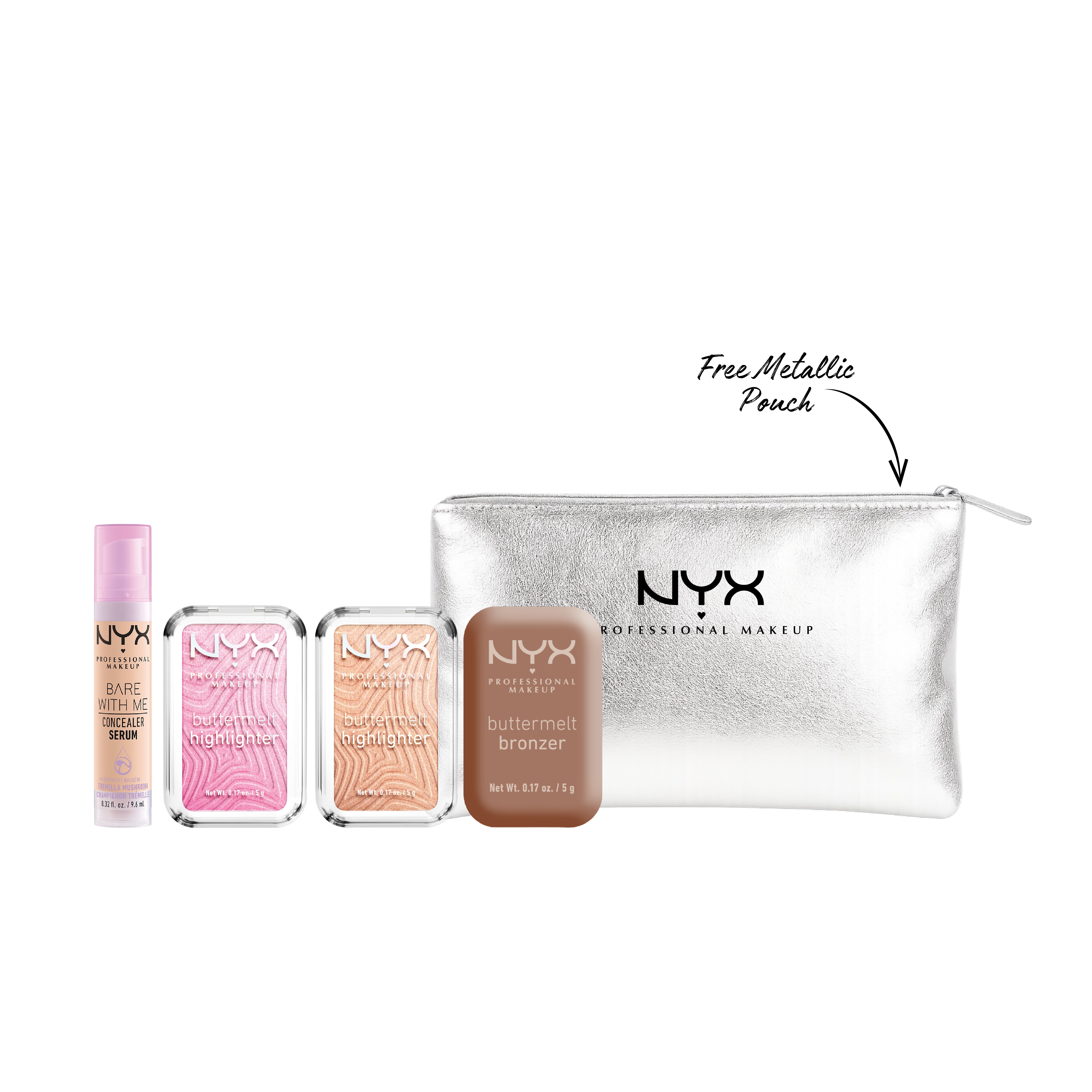 NYX Professional Makeup - Buttermelt Bronzer, Powder Bronzer +  2 * Buttermelt Highlighter, Powder Highlighter + Bare With Me Concealer Serum + Gift | MazenOnline
