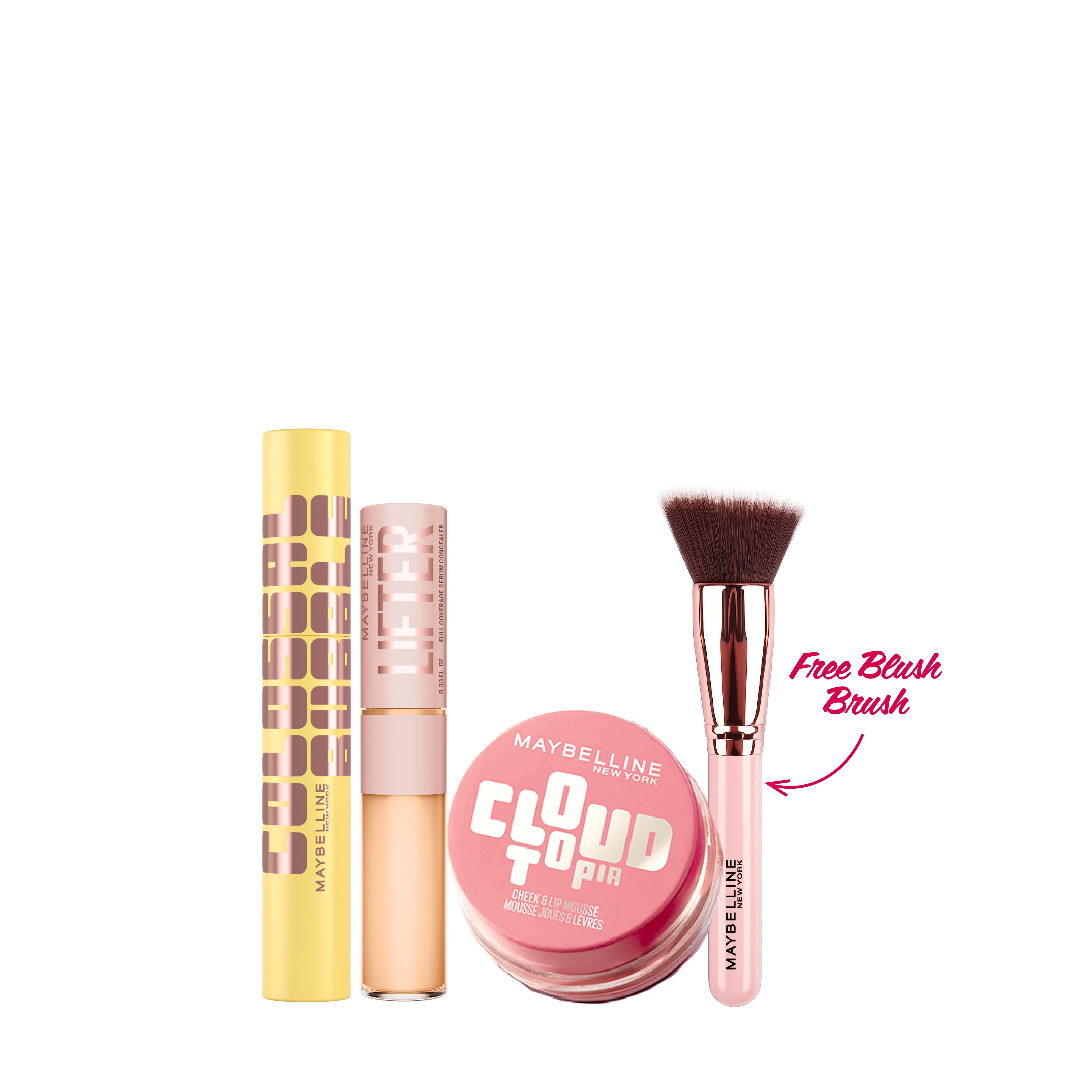 Cloudtopia Blush for Cheeks and Lip Mousse + Lifter Serum Concealer + Colossal Bubble Mascara Buildable Sleek Volume + Pouch