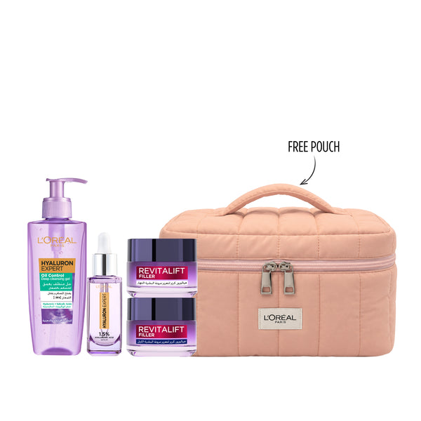 L'Oréal Paris Hyaluron Expert skincare bundle with wash, serum, day cream, and night cream on a white background.