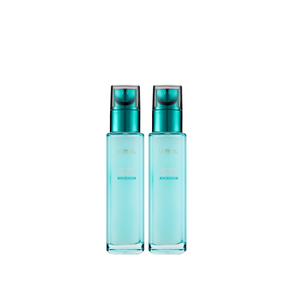 Two L'Oréal Paris Hydra Genius skincare bottles displayed together on a white background