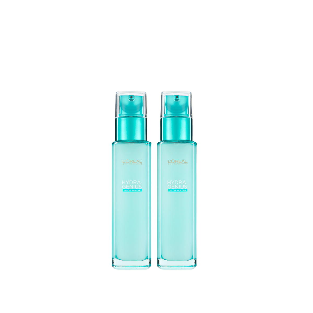 Two L'Oréal Paris Hydra Genius skincare bottles displayed side by side on a white background