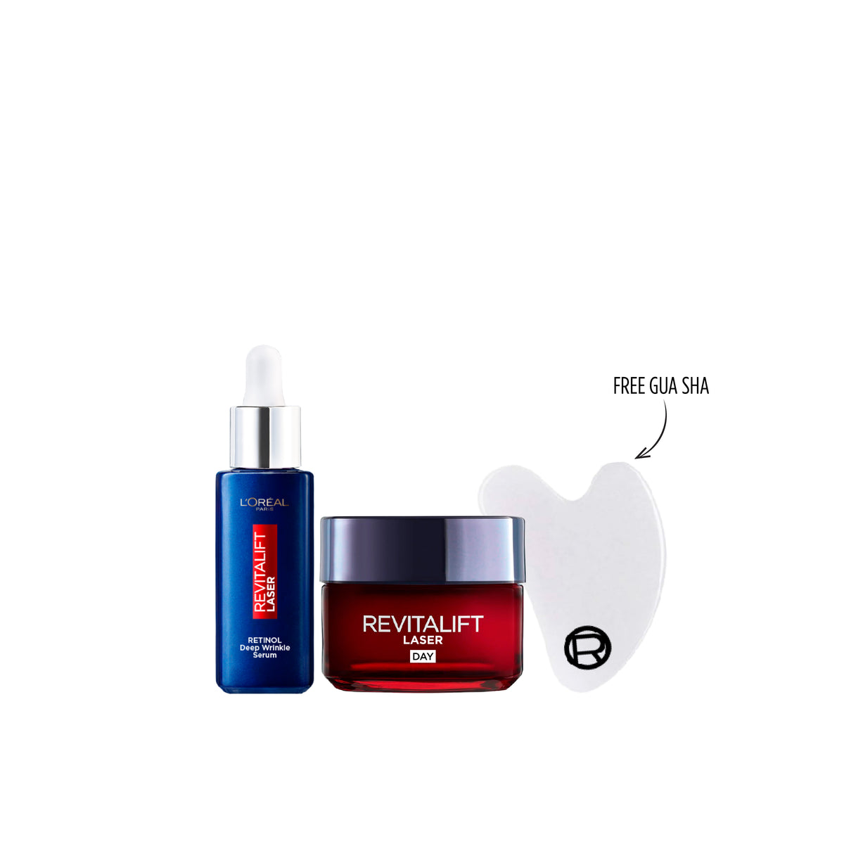 L'Oréal Paris Revitalift Laser Day Cream and Retinol Serum set displayed on a white background for skincare bundle.