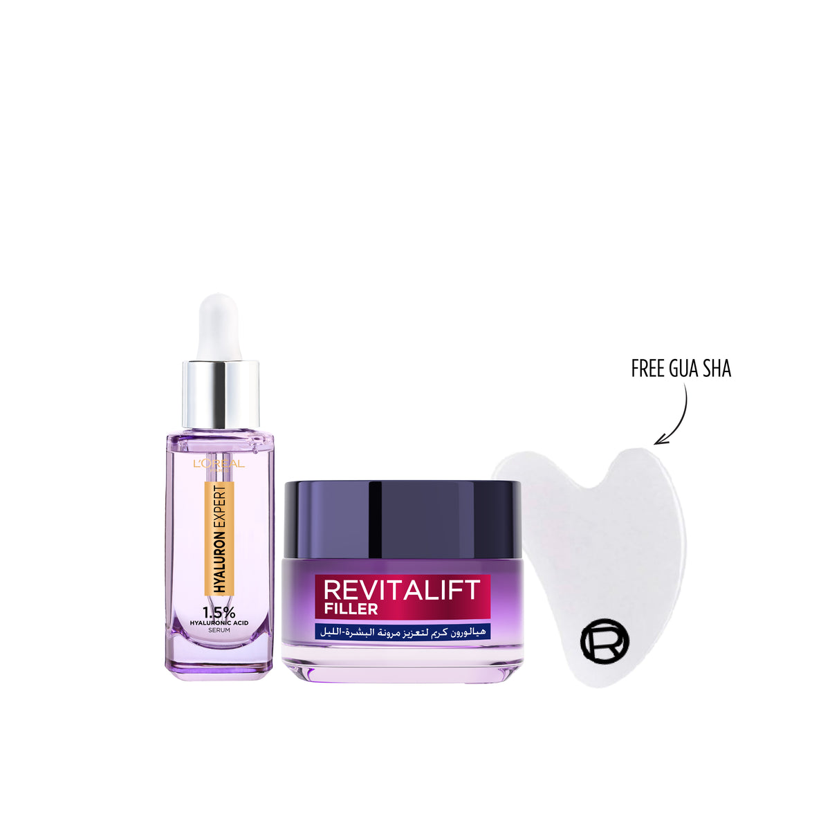 L'Oréal Paris Hyaluron Expert day and night creams in white jars, skincare products with hyaluronic acid for hydration.