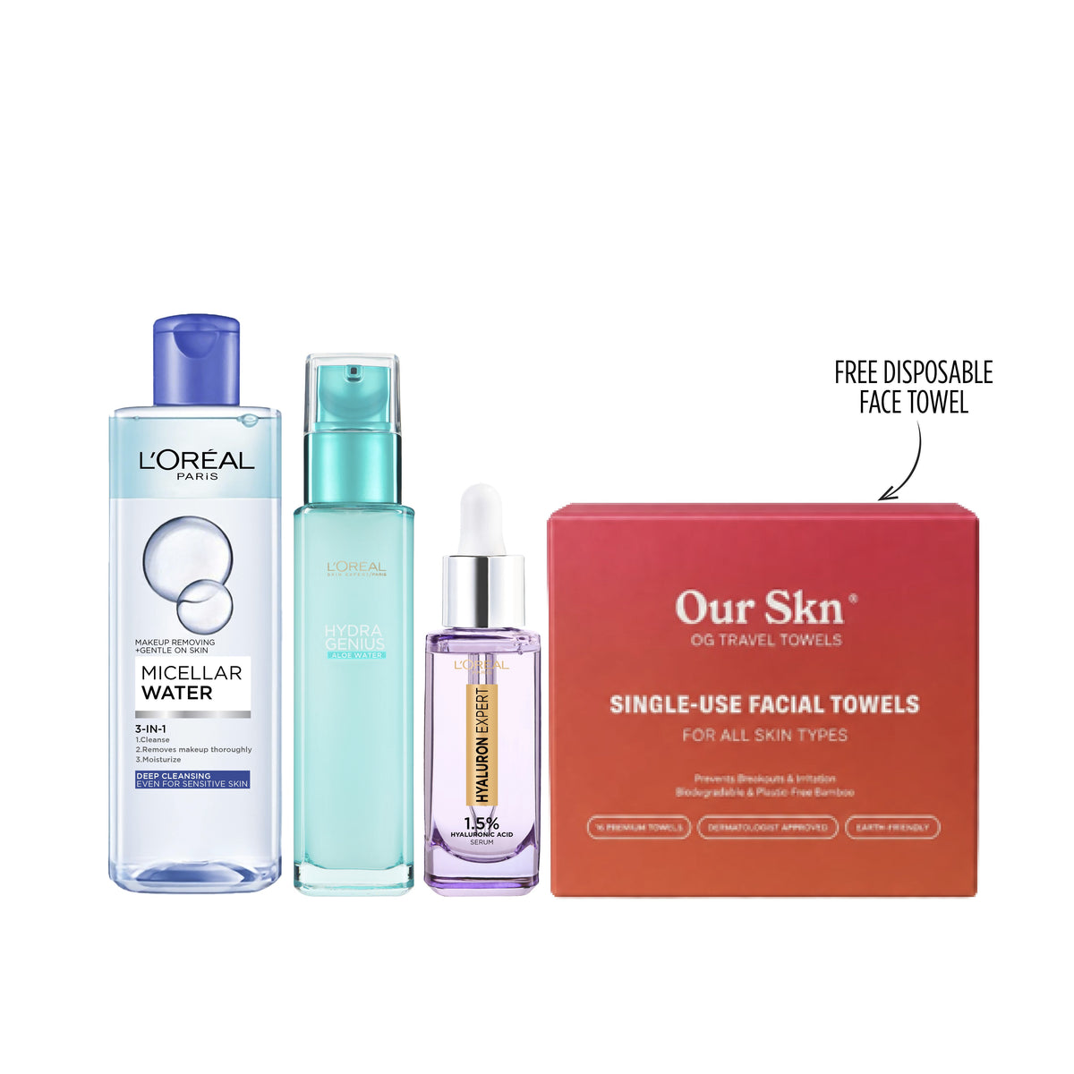 L'Oréal Paris Micellar, Hydragenius, and Hyaluron Expert Serums displayed in a white background bundle.