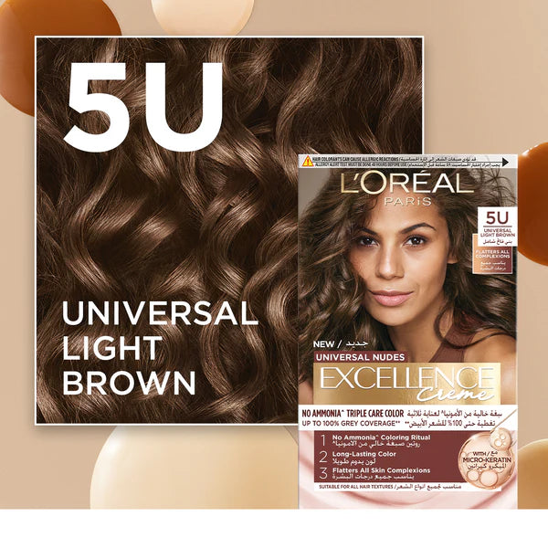 L'Oréal Paris - Excellence Creme Universal Nudes Hair Coloration, Ammonia-free Conditioning Coloration with Micro Keratin for Long-lasting 100% Grey Coverage Natural Coloration | MazenOnline