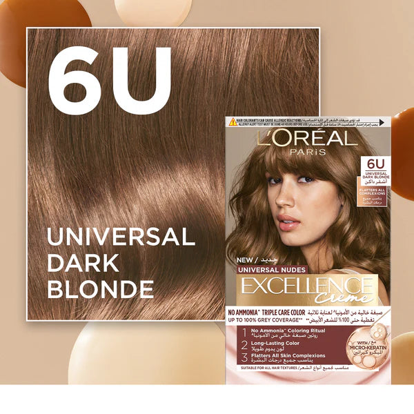 L'Oréal Paris - Excellence Creme Universal Nudes Hair Coloration, Ammonia-free Conditioning Coloration with Micro Keratin for Long-lasting 100% Grey Coverage Natural Coloration | MazenOnline