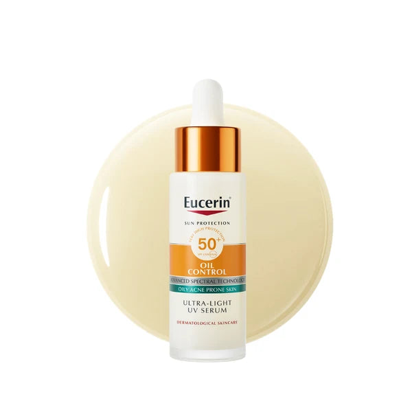Eucerin Sun Oil Control Ultra-Light Serum SPF50+ bottle showing the lightweight serum formula in a sleek white container.