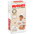 Huggies Extra Care Diapers Size 3 for babies 4-9kg, 42-pack, showing soft, absorbent diaper with blue and white design.