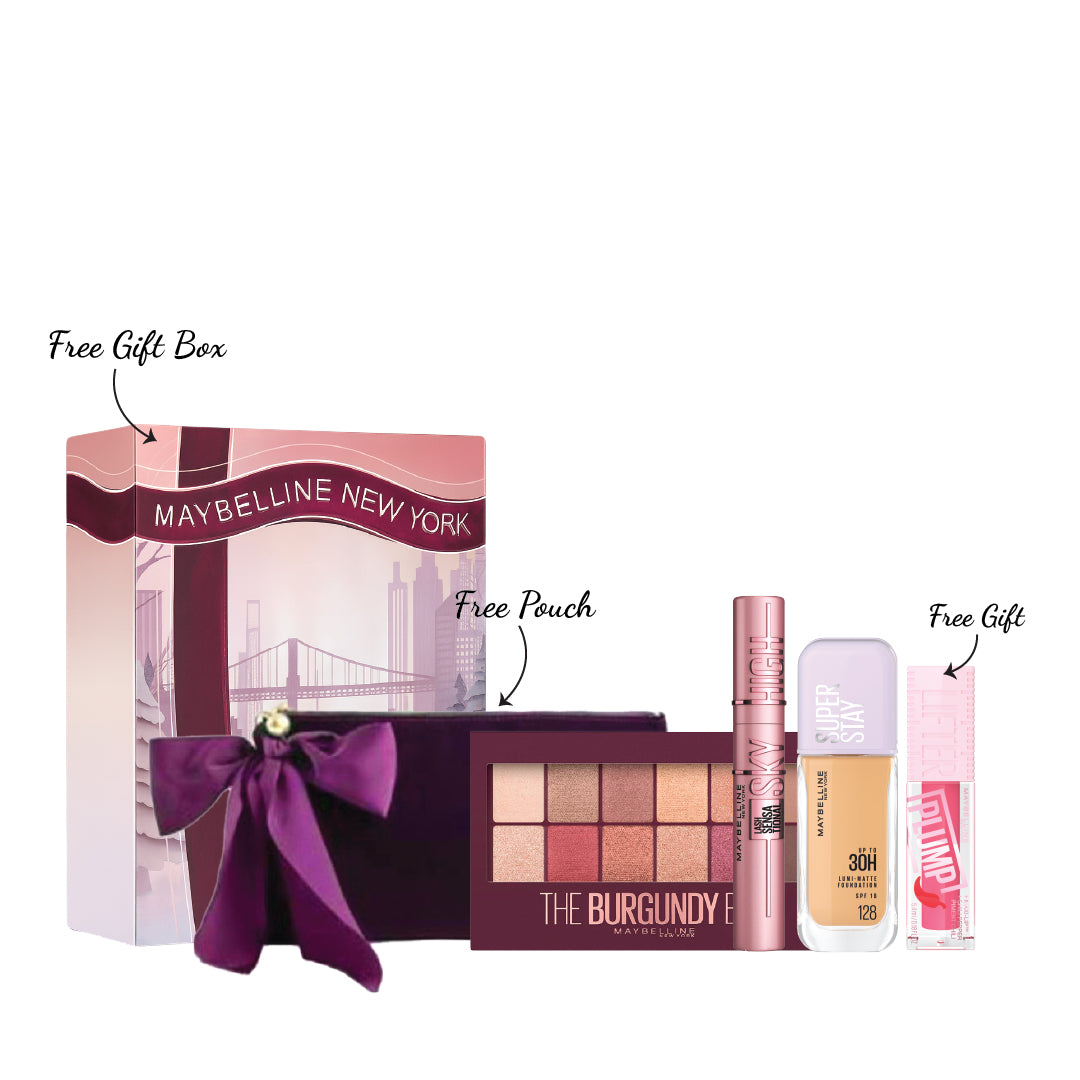 Lash Sensational Sky High + The Burgundy Bar Eyeshadow Palette + Foundation Super Stay Up To 30h Lumi Matte+ Lifter Plump