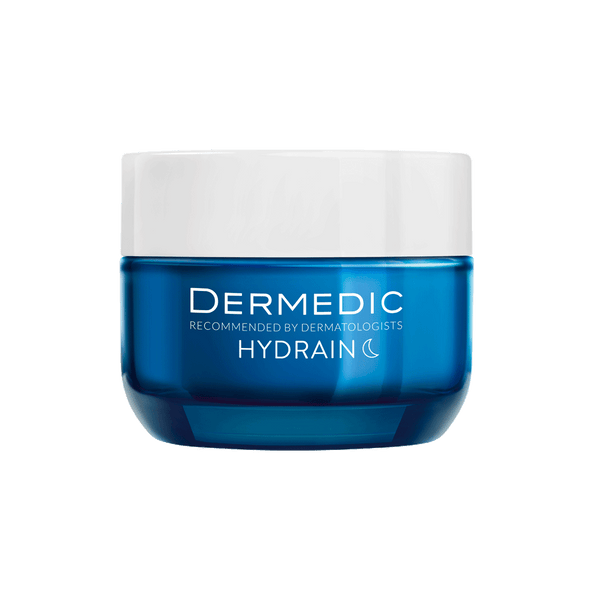 Dermedic Hydrain night cream jar showing smooth, hydrating formula in a sleek container on a white background.