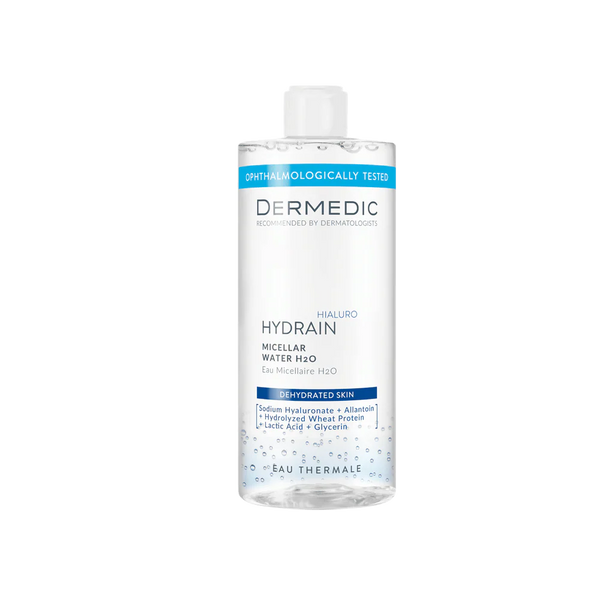 Dermedic Hydrain3 Micellar Water H2O in a 500ml bottle, clear liquid for gentle facial cleansing and hydration.