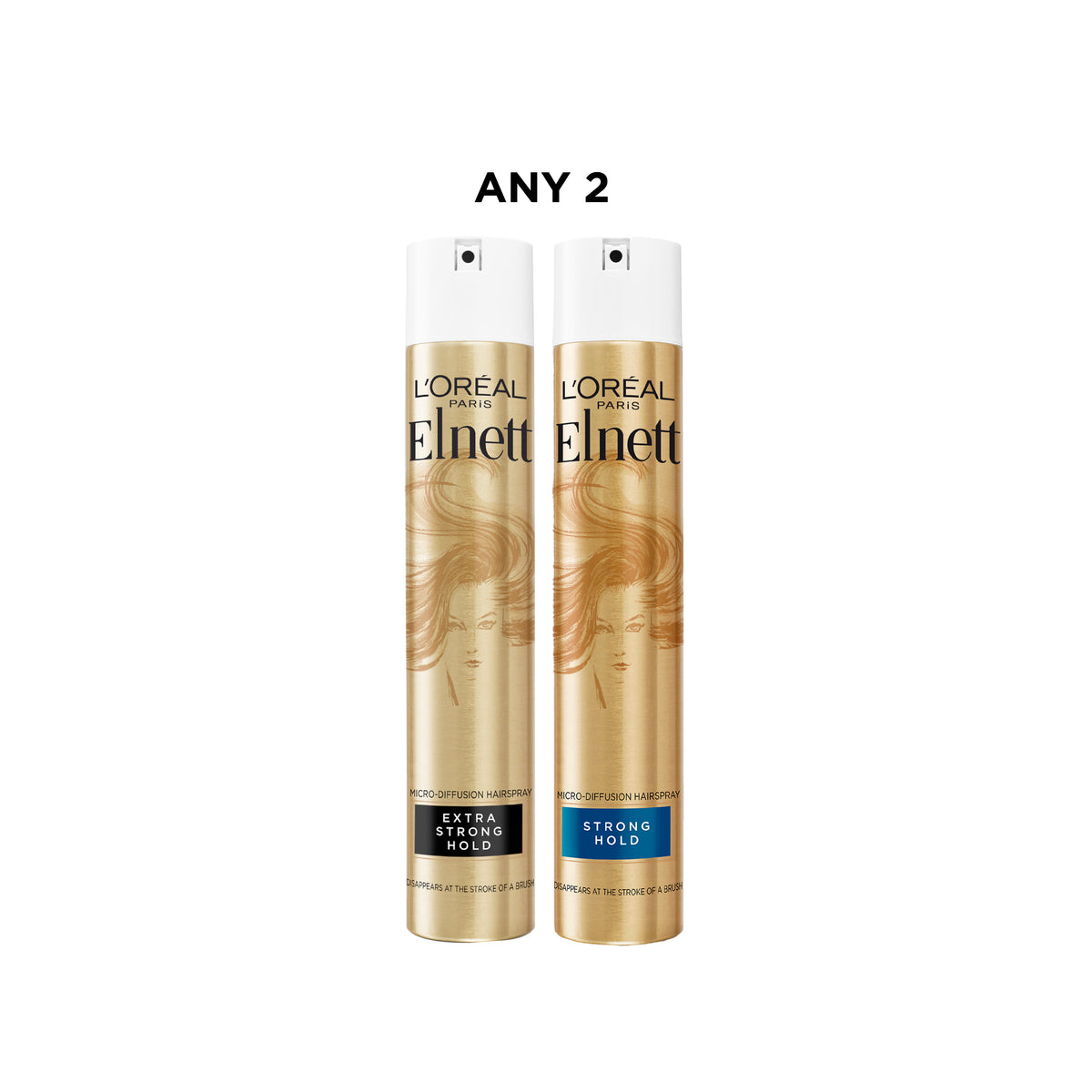 Two L'Oréal Paris Elnett hair spray bundles with silver cans and black caps, displayed together.