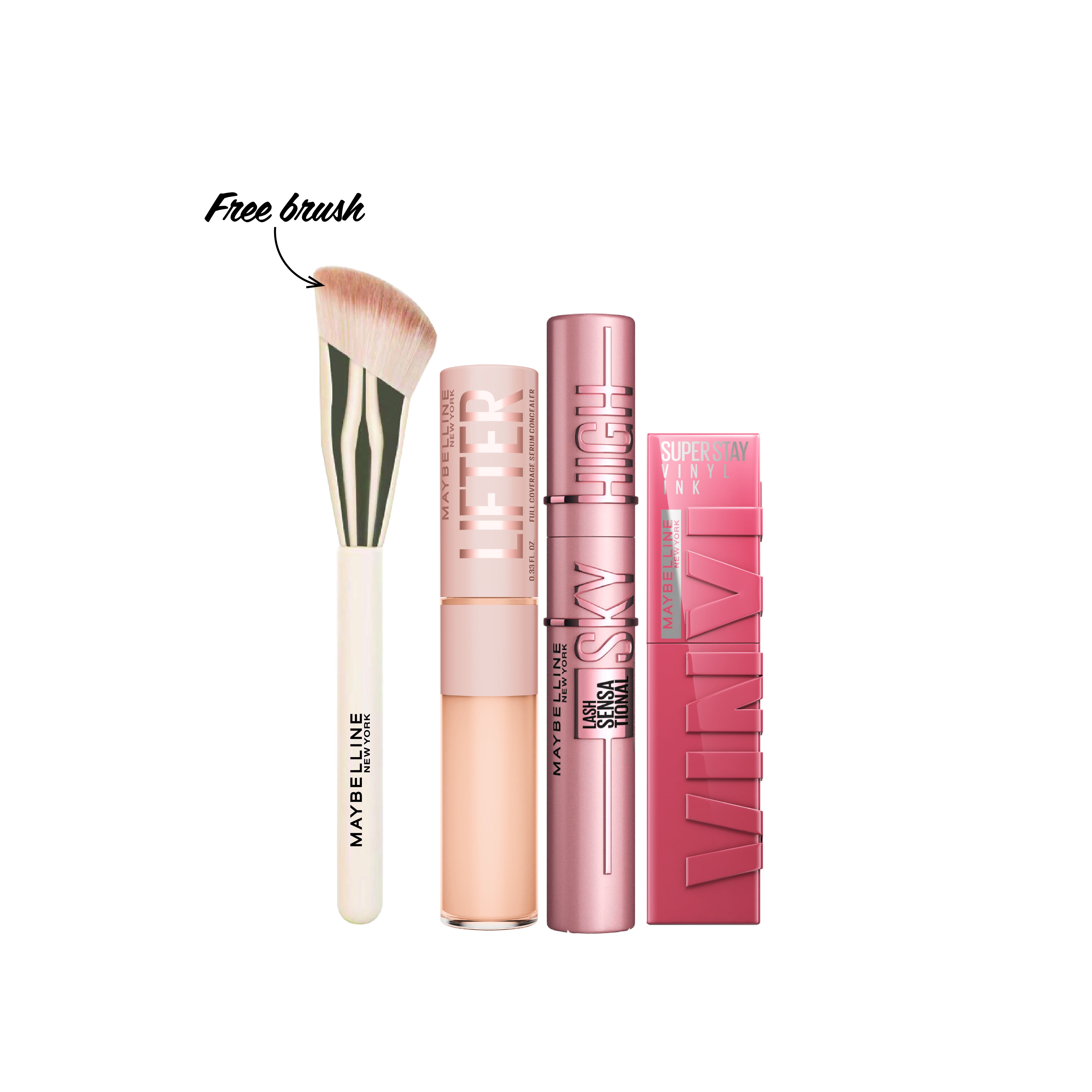 Lifter Serum Concealer + Lash Sensational Sky High Mascara  + Super Stay Vinyl Ink Longwear Liquid Lip Color Quantity + Brush