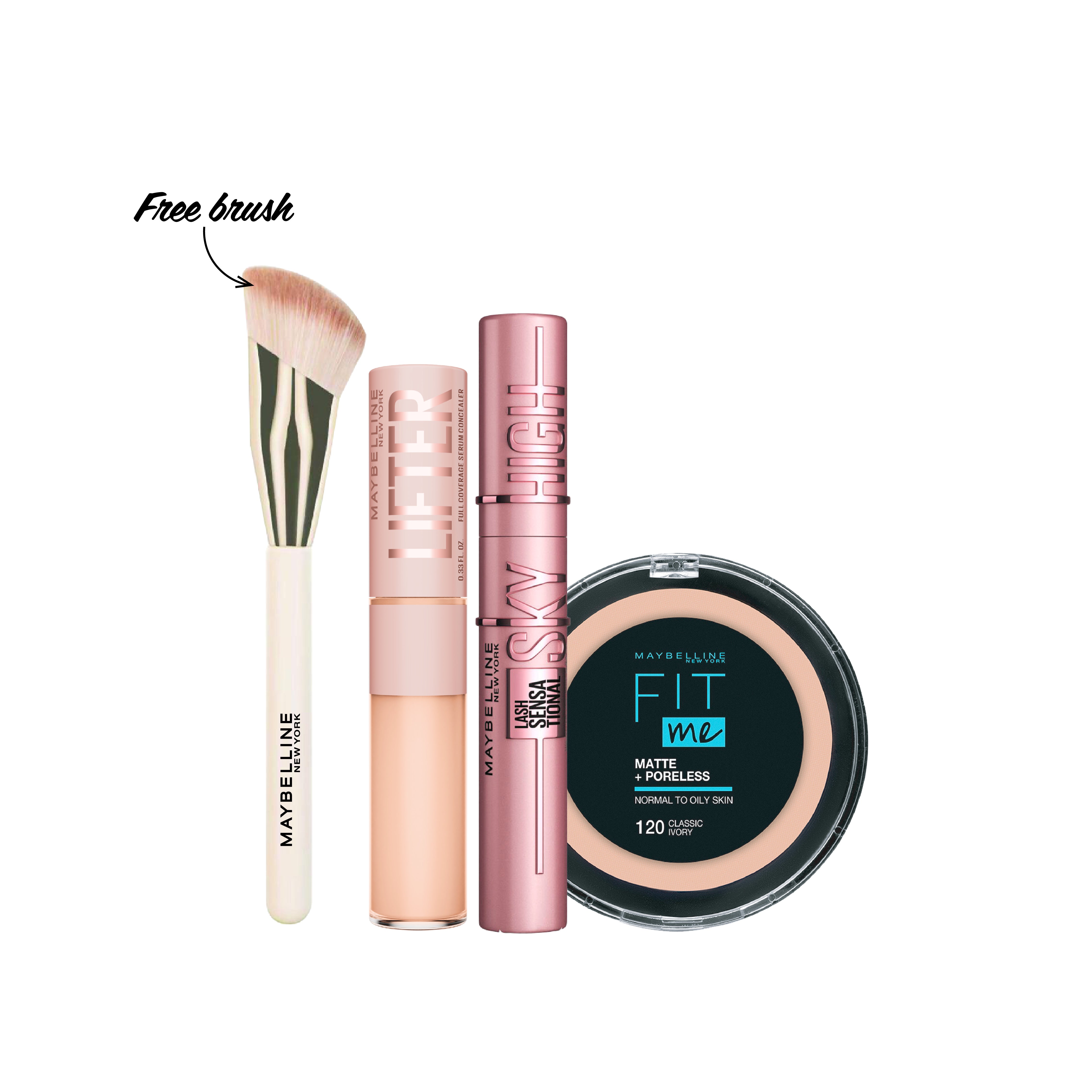 Lifter Serum Concealer + Fit Me- Perfect Matte Finish & Poreless Powder + Sensational Sky High Mascara  + Brush