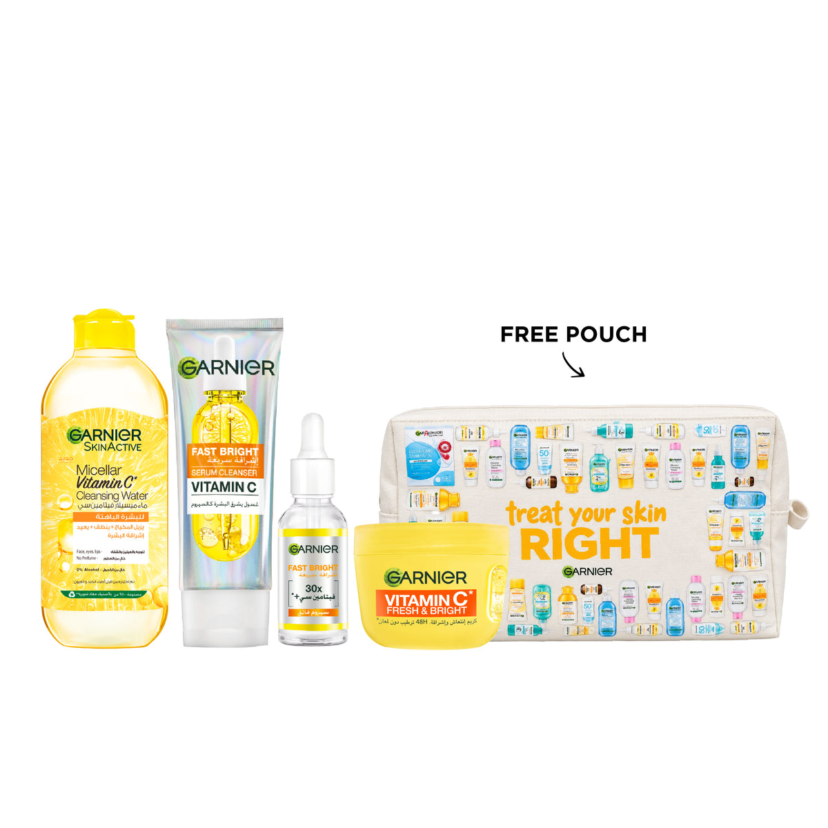 Garnier facial skincare set with Micellar + Serum Cleanser, Day Serum, and F&B Cream, displayed in a clean, organized arrangement.