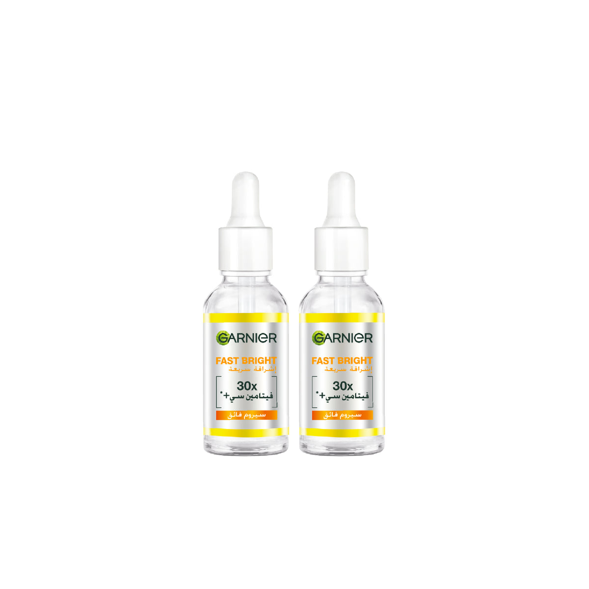Garnier 2-pack of FB Vit C Day Serum bottles with clear packaging and orange accents on the labels.