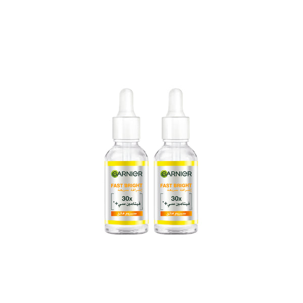 Garnier 2-pack of FB Vit C Day Serum bottles with clear packaging and orange accents on the labels.
