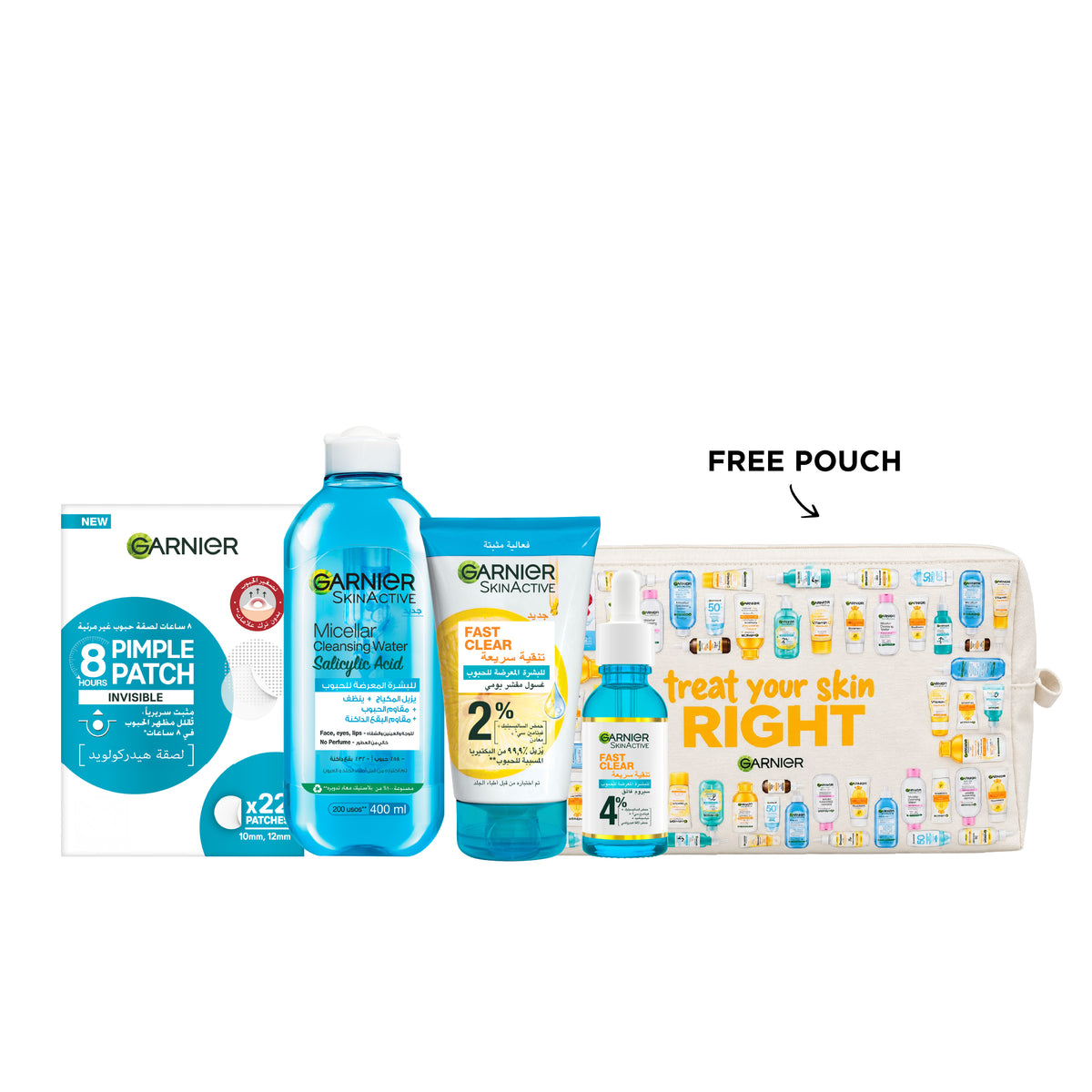 Garnier Fast Clear Micellar water, tube wash, serum, and pimple patches displayed on a clean white background