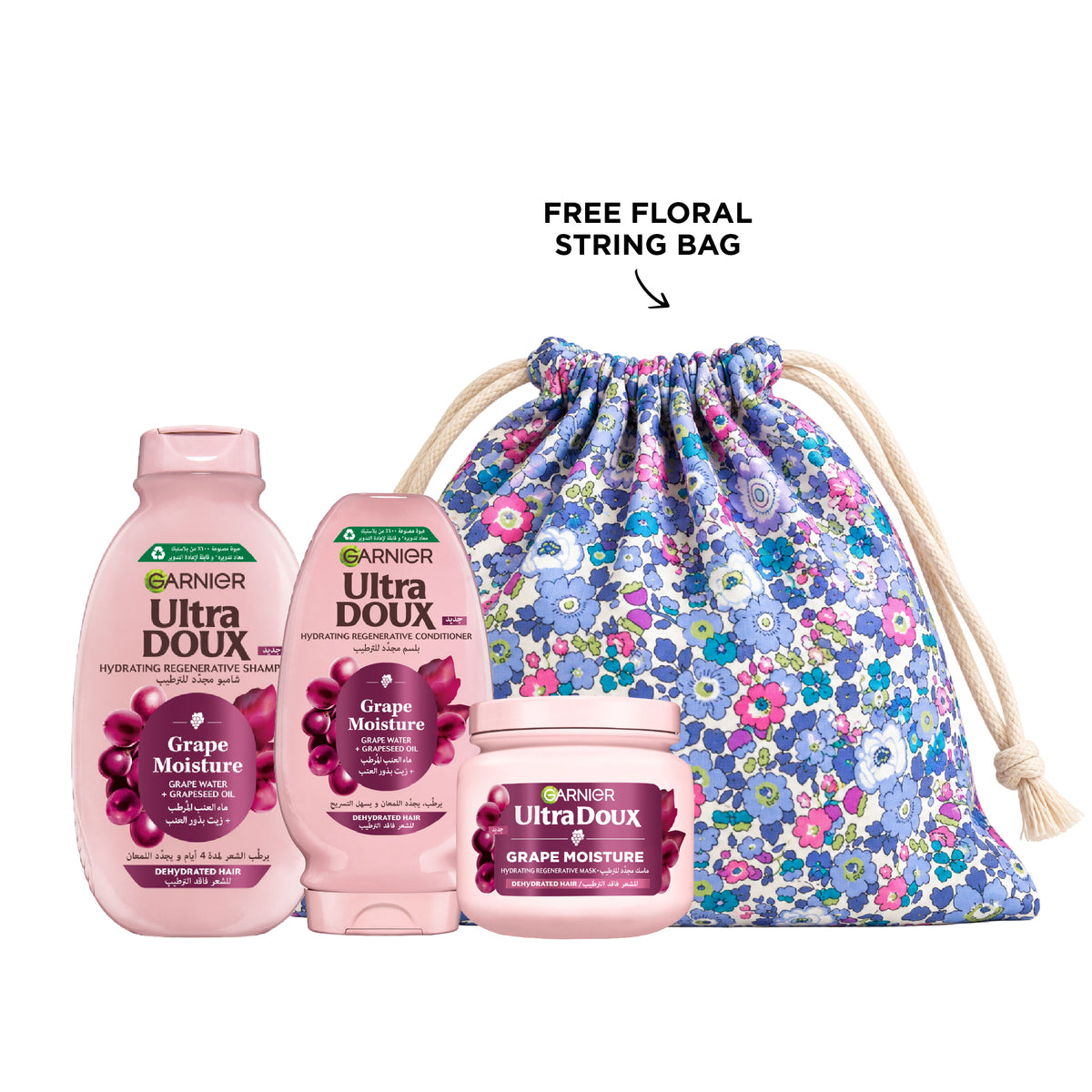 Garnier Grape Moisture Full Routine skincare set with moisturizer, cleanser, and serum in white and purple packaging.