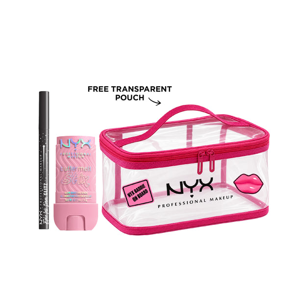 NYX Professional Makeup Epic Ink Liner and Buttermelt Glaze Highlighter Stix with black eyeliner and shimmering highlighter sticks.