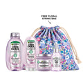 Garnier rice water shampoo, conditioner, mask, and serum set with hair care products displayed in bottles and jars.