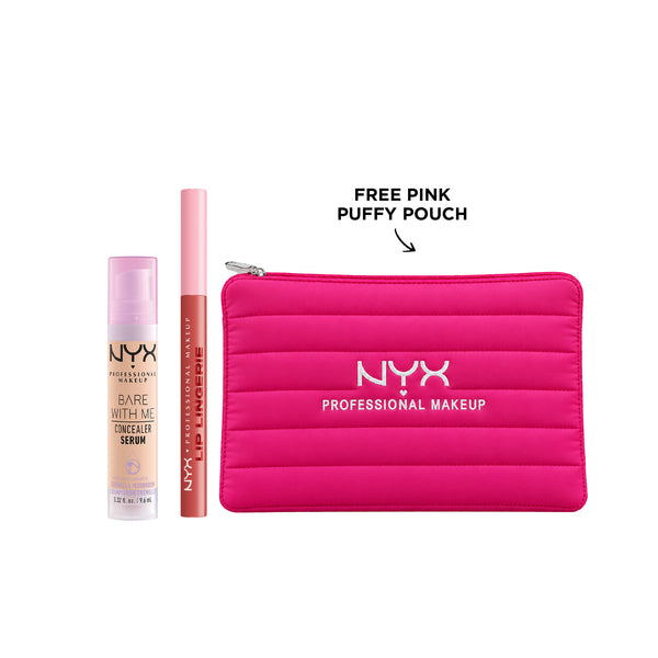 NYX Professional Makeup Bare with Me Concealer and Lip Lingerie set, featuring a concealer tube and lip gloss tube on a white background.