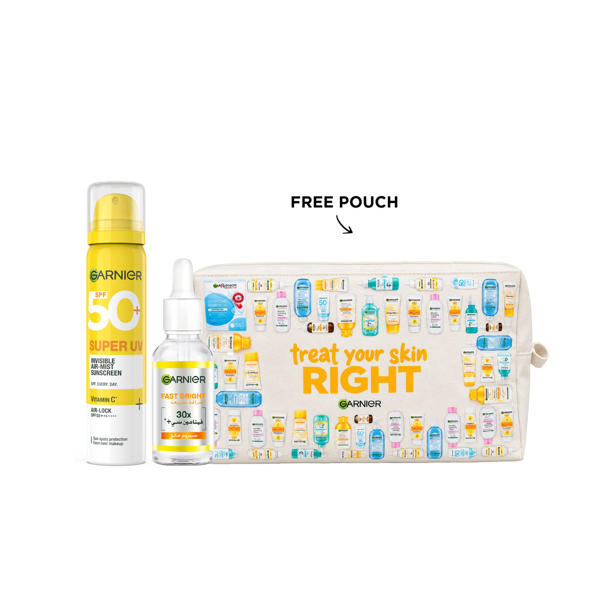 Garnier Mist Sunscreen with Fast Bright Serum in a spray bottle, featuring a clear liquid and bright packaging design.