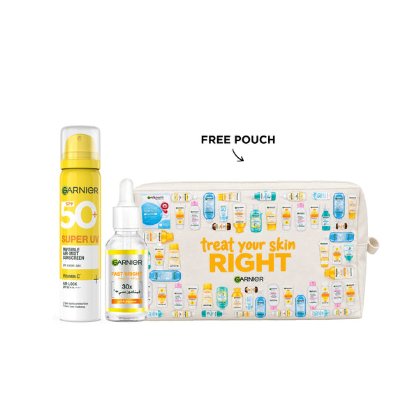 Garnier Mist Sunscreen with Fast Bright Serum in a spray bottle, featuring a clear liquid and bright packaging design.