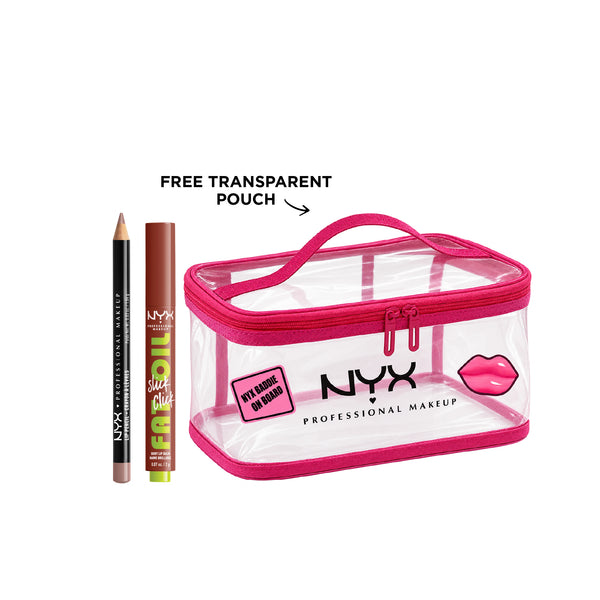 NYX Professional Makeup Slim Lip Pencil and Fat Oil Slick Click in sleek packaging, showcasing lip liner and gloss tubes.