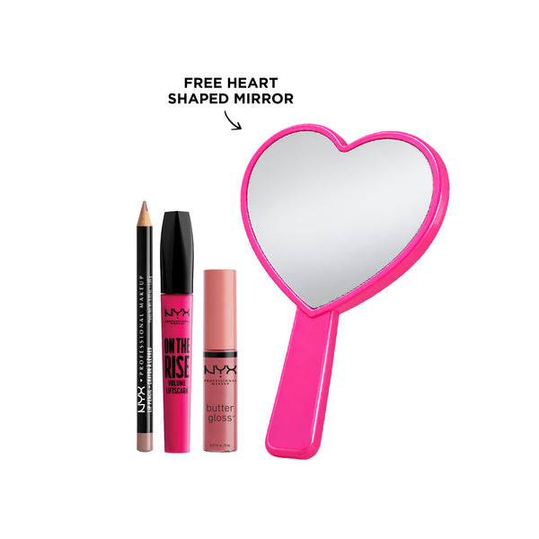 NYX Professional Makeup Buttergloss, Slim Lip Pencil, and On the Rise Mascara displayed together in a beauty product image.