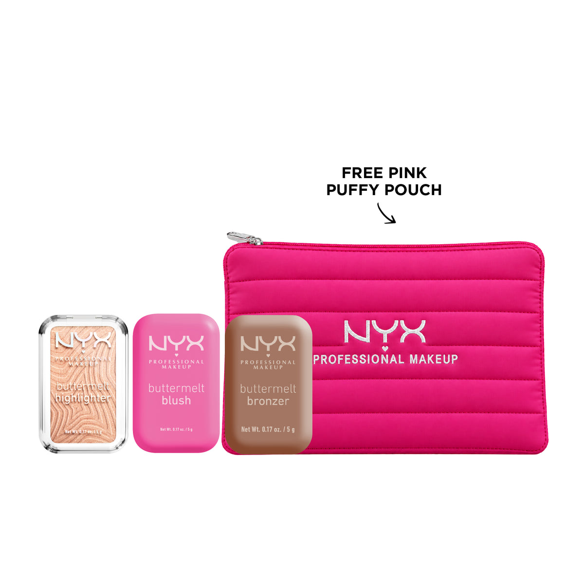 NYX Professional Makeup Buttermelt Blush, Bronzer, and Highlighter set with soft, blended powders in sleek compacts.