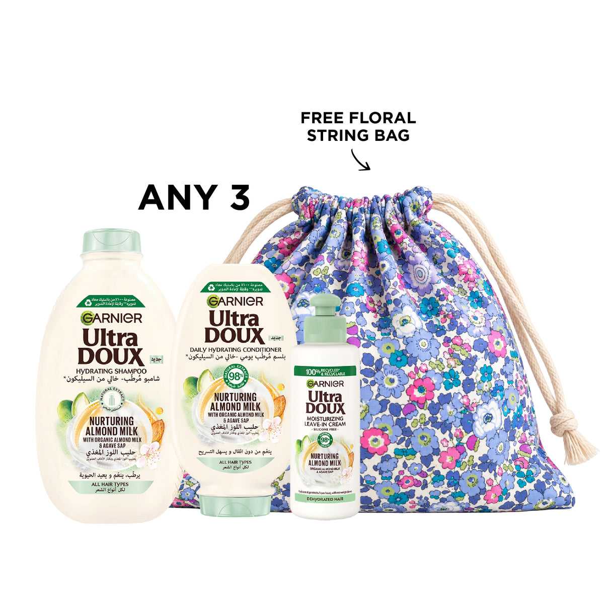 Garnier shampoo, conditioner, and leave-in core set displayed in bottles with labels, arranged on a white background.