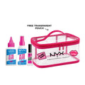 NYX Professional Makeup face glue primer, setting spray, and brow glue set with makeup products and applicators on a neutral background.