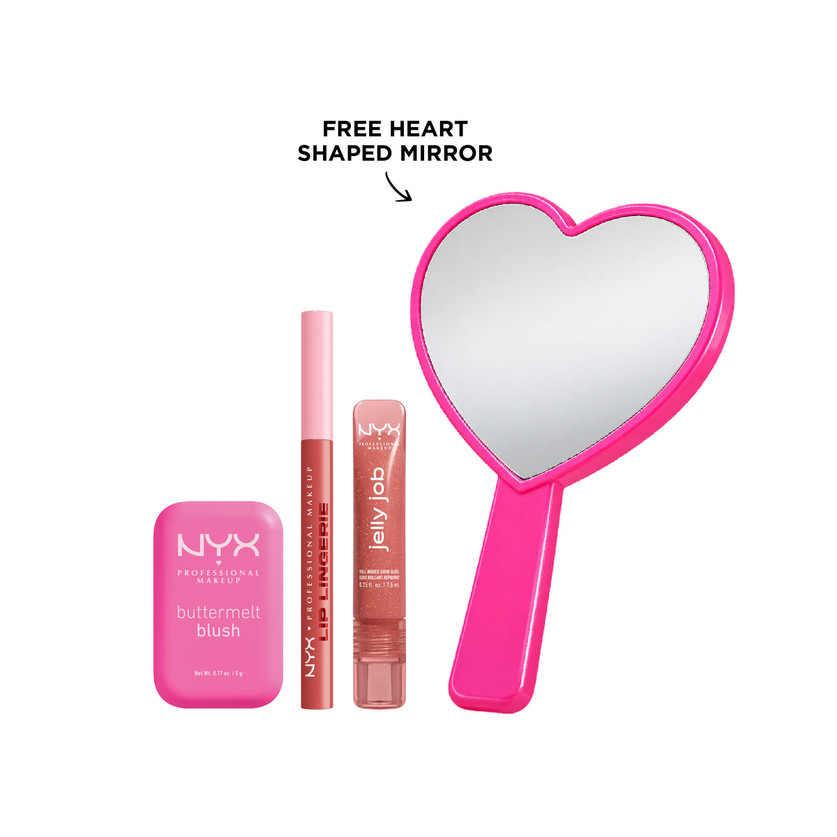 NYX Professional Makeup Buttermelt Blush, Lip Lingerie, and Jelly Job lip gloss set displayed together in a makeup collection image.