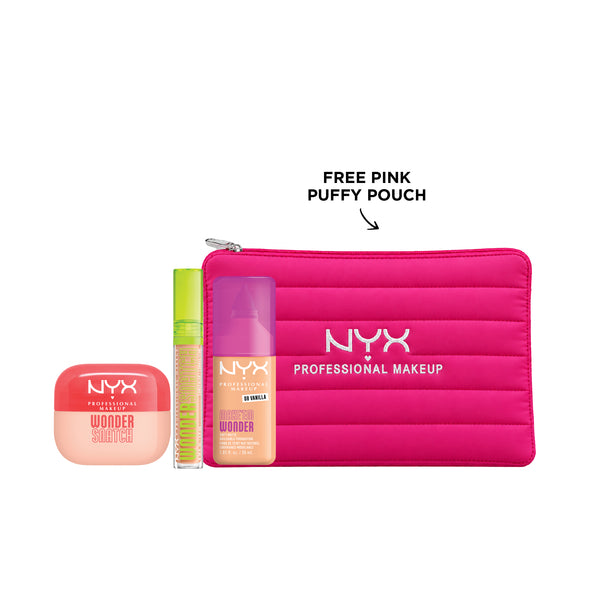 NYX Professional Makeup Wonder Snatch Powder, Concealer, and Make Em Wonder Foundation set with makeup products displayed.