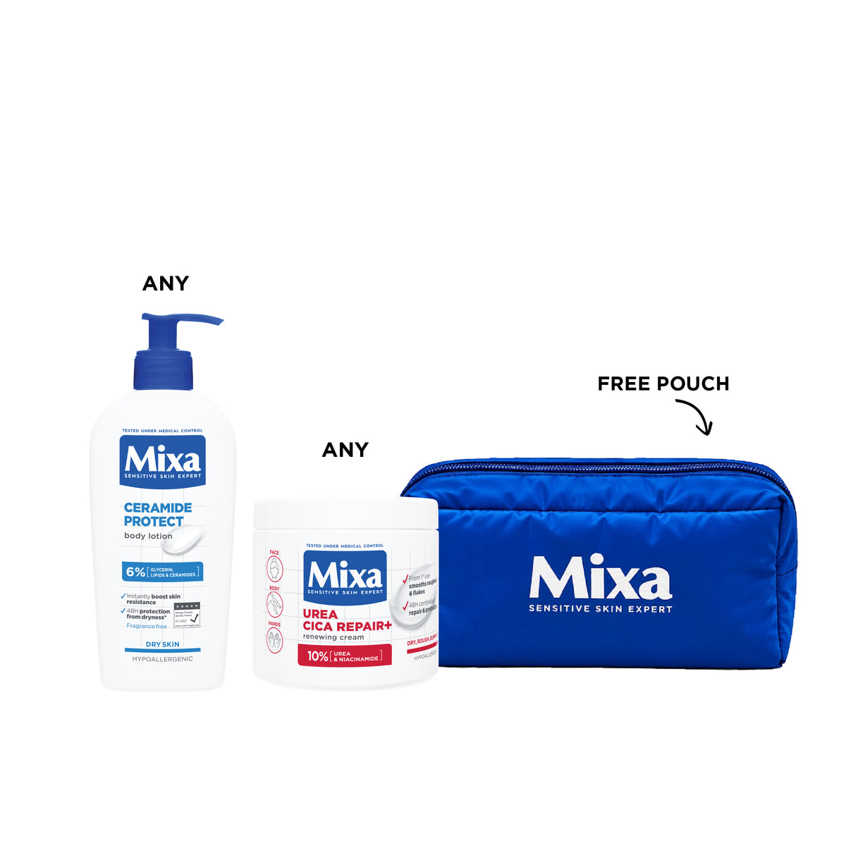 Mixa Any Lotion 250 ml with jar skincare set on a clean background
