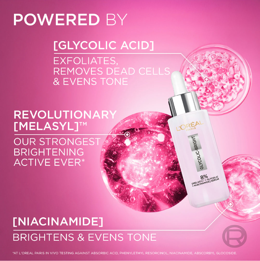 L'Oréal Paris - Glycolic Bright Serum with 8% [Melasyl ™ + Glycolic Acid + Niacinamide] face serum for Dark Spots & Brightening | MazenOnline