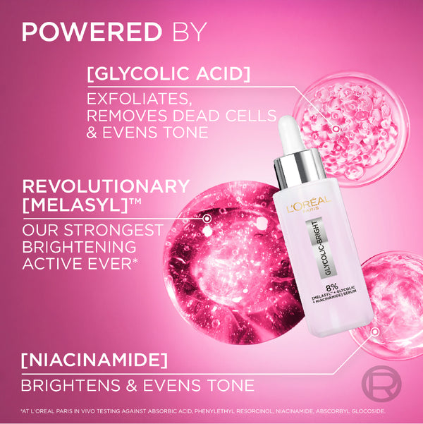 L'Oréal Paris - Glycolic Bright Serum with 8% [Melasyl ™ + Glycolic Acid + Niacinamide] face serum for Dark Spots & Brightening | MazenOnline
