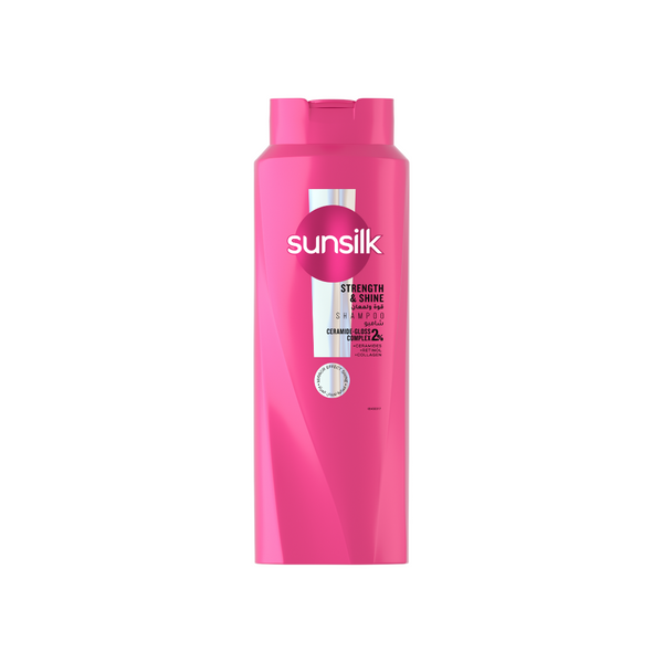 Sunsilk Shampoo Shine & Strength bottle, featuring sleek packaging with a shiny label and a vibrant design.