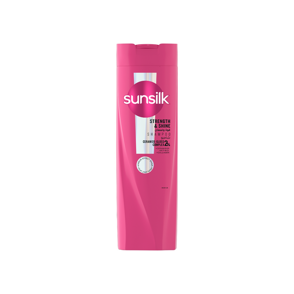 Sunsilk Shampoo Shine & Strength bottle with vibrant packaging, designed to add shine and strengthen hair.