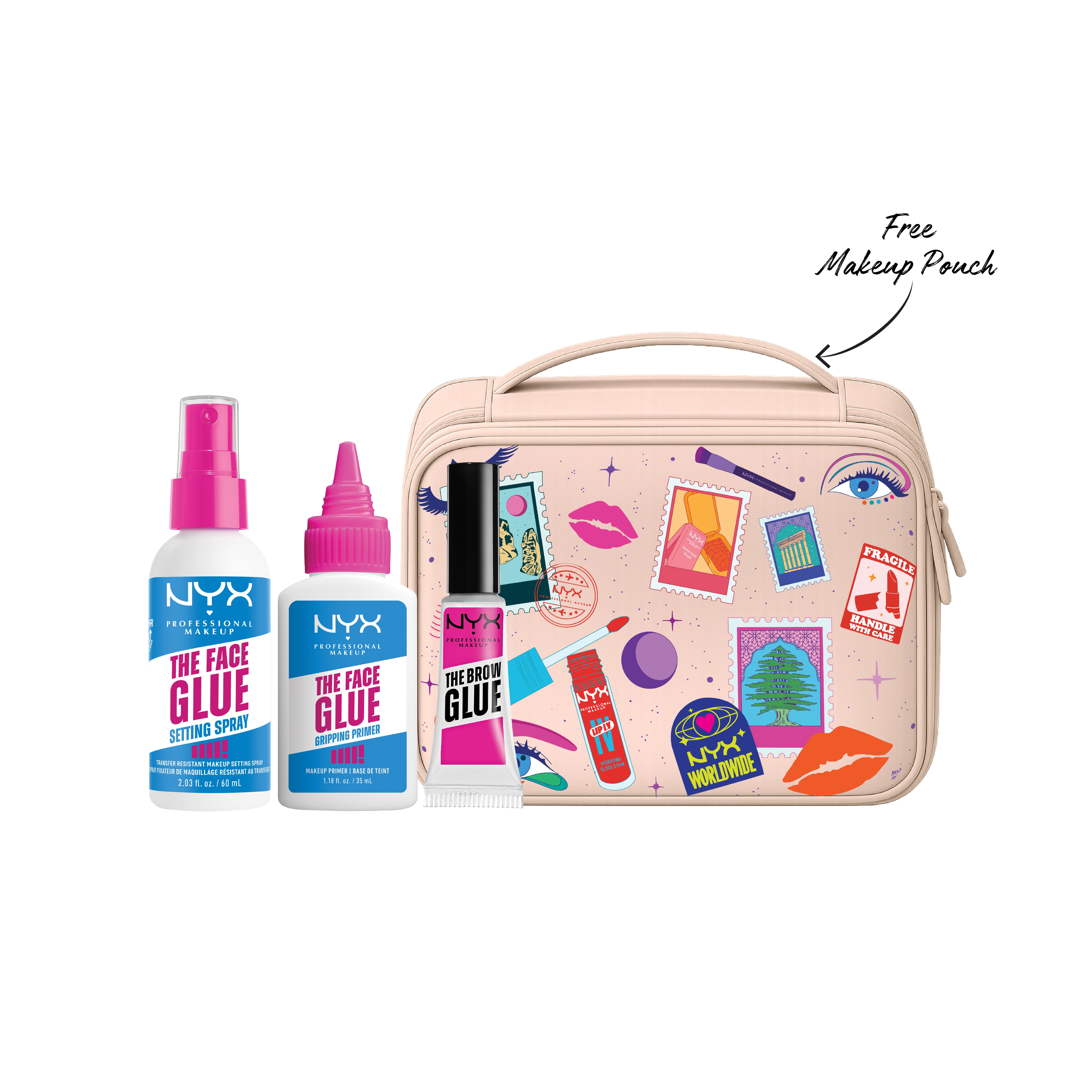 NYX Professional Makeup - The Face Glue Primer, Gripping Primer, Up To 24 Hour Hydration + The Face Glue Setting Spray + The Brow Glue Instant Brow Styler + Mirror | MazenOnline