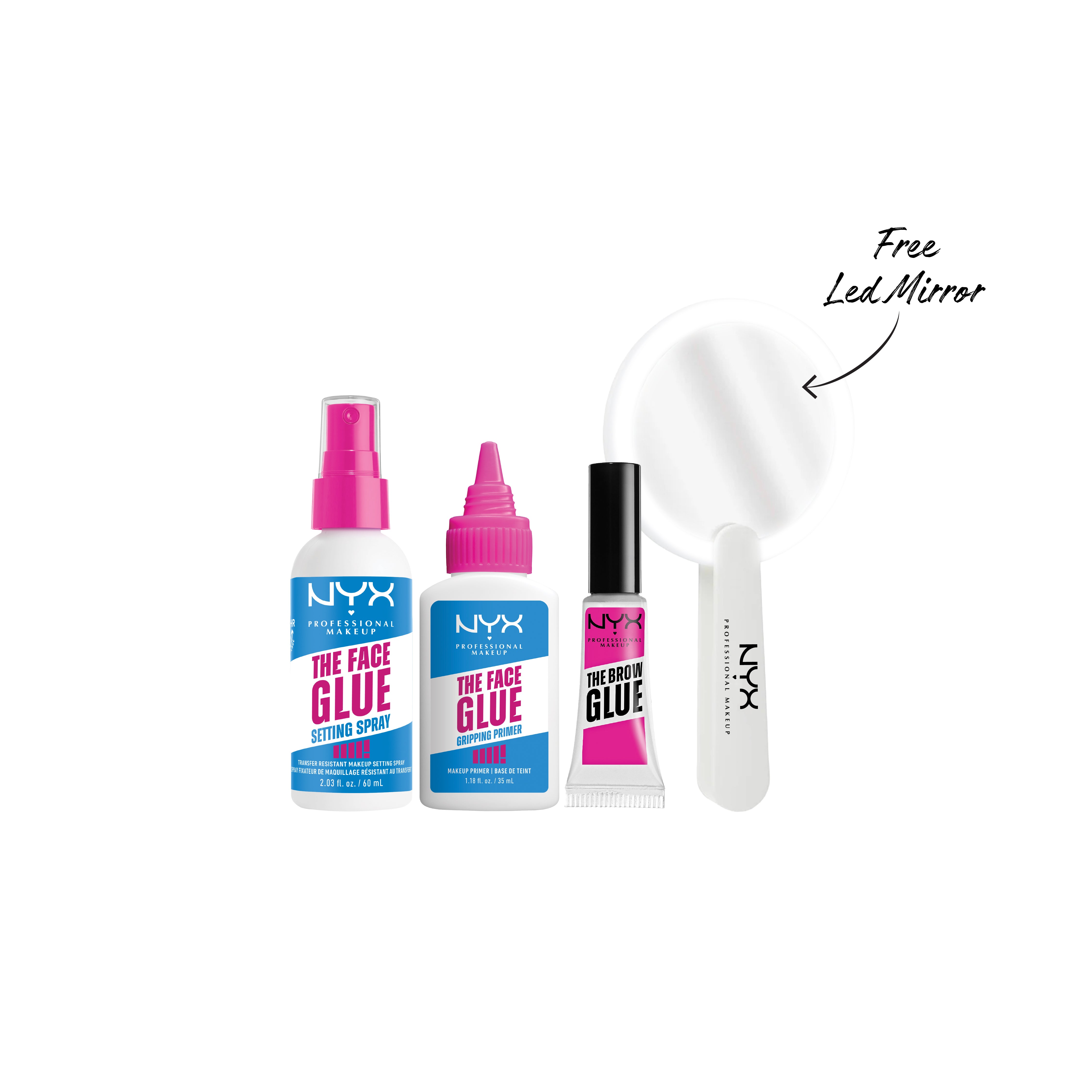 The Face Glue Primer, Gripping Primer, Up To 24 Hour Hydration + The Face Glue Setting Spray + The Brow Glue Instant Brow Styler + Mirror