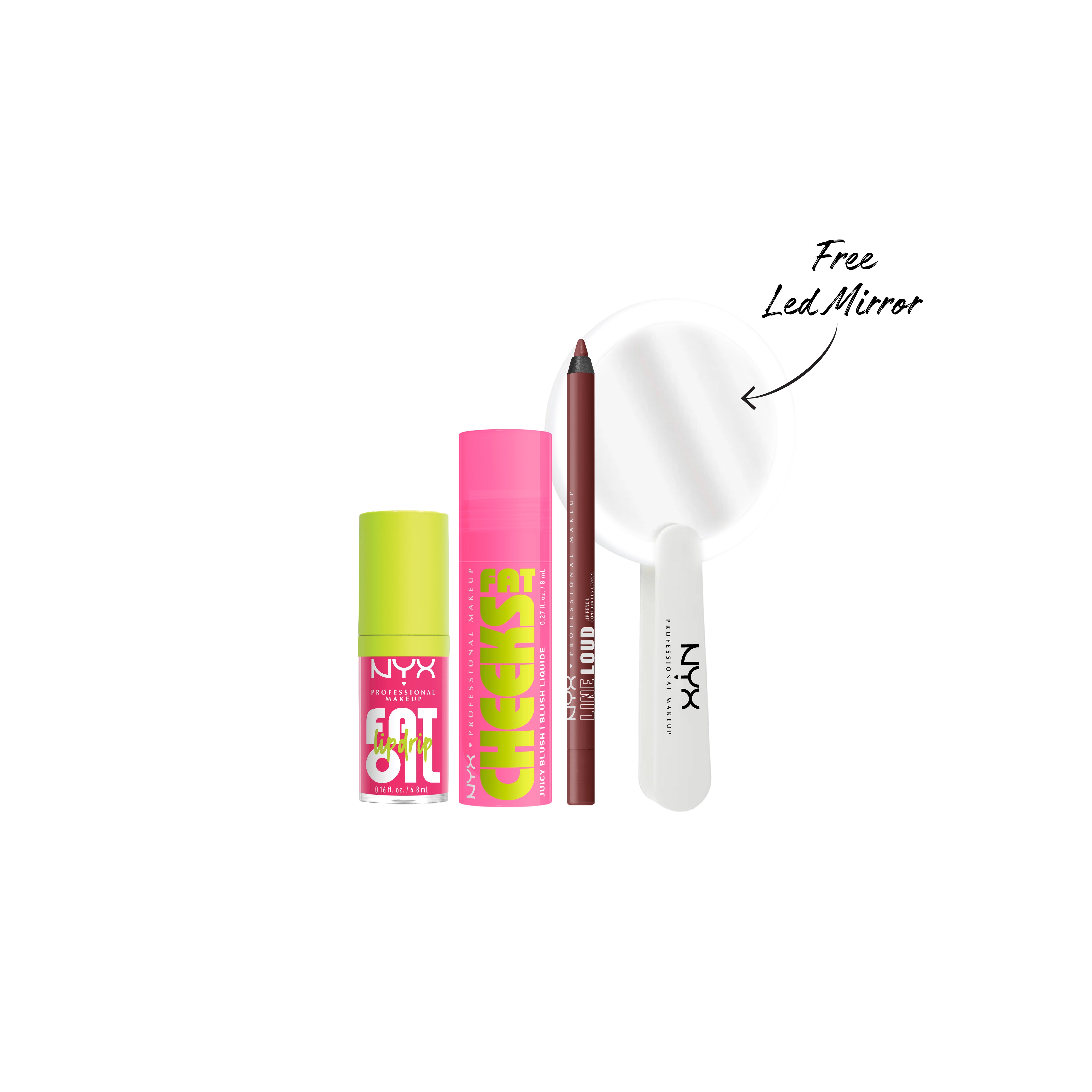 NYX Professional Makeup - Fat Cheeks Juicy Blush, Liquid Blush + Fat Oil Lip Drip, Moisturizing, Shiny, Vegan Tinted Lip Gloss +Line Loud Lip Liner Pencil + MIrror | MazenOnline