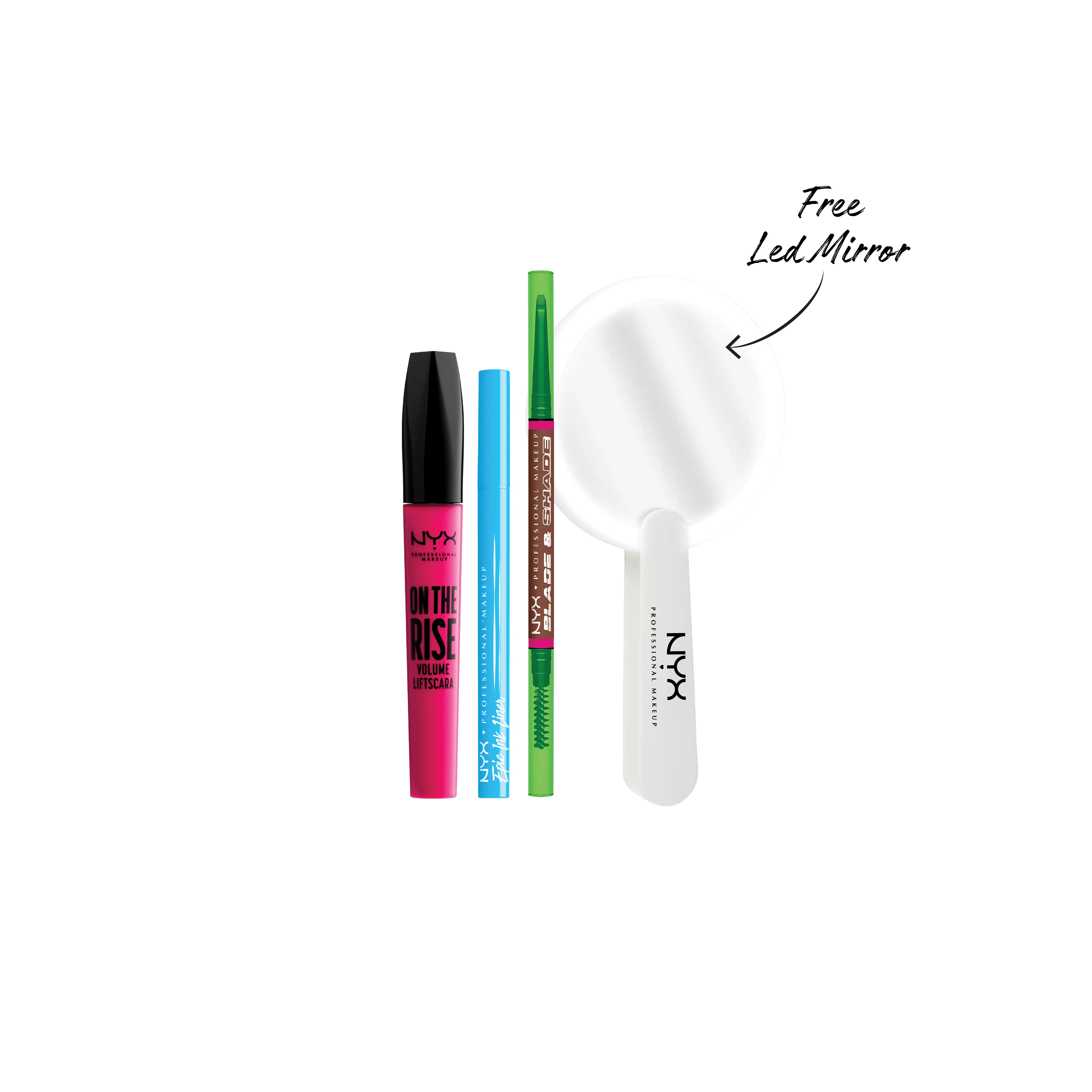 NYX Professional Makeup - Blade & Shade, Dual Edged Brow Pencil, Up To 16Hr Wear, Smooth-Glide Pigment + Epic Ink Liner, Waterproof Liquid Eyeliner, Vegan Formula, Intense Pigment + On The Rise Volume Liftscara Mascara + Mirror | MazenOnline